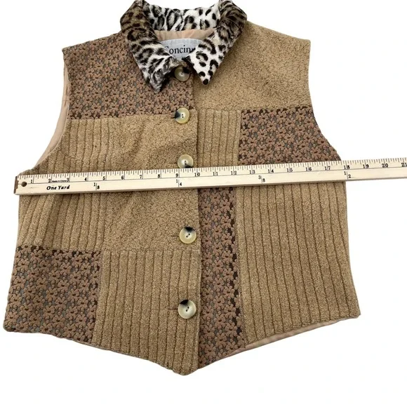 CONCINNO Patchwork Vintage Vest Leopard Collar Women's Size M Button Front - Picture 3 of 7